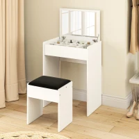 HOMCOM Postazione Trucco con Specchio Richiudibile, Toeletta Trucco Moderno, con Sgabello, Vano Contenitore a 10 Scomparti, MDF Bianco, 60.2 x 40.2 x 79cm(m-7)