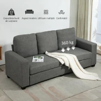 HOMCOM Canapea 3 locuri din material textil cu perne capitonate și tapițerie cu efect de in, 237x94x102cm, gri(m-6)