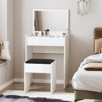 HOMCOM Postazione Trucco con Specchio Richiudibile, Toeletta Trucco Moderno, con Sgabello, Vano Contenitore a 10 Scomparti, MDF Bianco, 60.2 x 40.2 x 79cm(m-8)