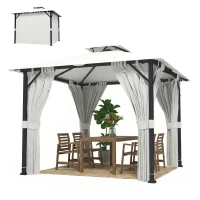 Outsunny Tonnelle de jardin extérieur 3x3m pavillon de jardin, toit double, rideaux, crochets de plafond, cadre en métal, crème(m-1)