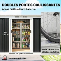 Outsunny Abri de jardin en acier galvanisé XXL 3,6 m² avec kit de fondation 280 x 130 x 172 cm, cabane de jardin cabanon rangement outils avec portes coulissantes verrouillables aérations, noir(m-5)