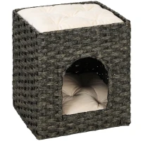 PawHut 2-Tier Wicker Cat House, Handwoven Rattan Cat Bed with Washable Cushions, Indoor Kitten Condo Hideaway(m-10)