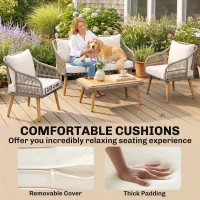 Outsunny 4 Piece Rattan Garden Furniture Set with Loveseat, Armchairs, Wood Table, Wicker Patio Conversation Set, Cream White(m-7)