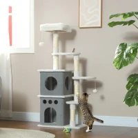 PawHut Arranhador para Gatos 126 cm com Caverna Plataformas Bolas Suspensas e Poste de Sisal 56x34x126 cm Cinza e Creme(m-2)