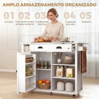 HOMCOM Ilha de Cozinha com Rodas, Tampo Rebatível, Prateleiras na Porta, Suporte para Toalhas, Armário, 2 Gavetas, 117,5x70x91 cm, Branco(m-6)