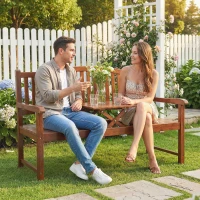 Outsunny Garden Loveseat Bench, 2-3 Seater Outdoor Bench with Liftable Table and Waterproof Cover, Light Brown(m-2)