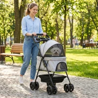 PawHut Carrinho para Cães Pequenos com 4 Rodas Travão Cesto Capota Correias de Segurança e Janelas 67x45x96 cm Cinza Claro(m-9)