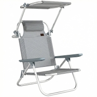 Outsunny Șezlong Reclinabil cu 6 Nivele, Copertină Reglabilă și Tetieră, din Aluminiu și Plasă, 62x68x79, Gri
