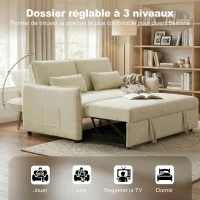 HOMCOM Canapé convertible 2 places 3 en 1, canapé-lit clic clac en chenille avec dossier réglable, porte-gobelets, beige(m-5)