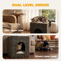 PawHut 2-Tier Wicker Cat House, Handwoven Rattan Cat Bed with Washable Cushions, Indoor Kitten Condo Hideaway(m-4)