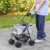 PawHut Carrinho para Cães Pequenos com 4 Rodas Travão Cesto Capota Correias de Segurança e Janelas 67x45x96 cm Cinza Claro(m-10)
