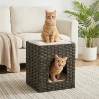 PawHut 2-Tier Wicker Cat House, Handwoven Rattan Cat Bed with Washable Cushions, Indoor Kitten Condo Hideaway(m-9)