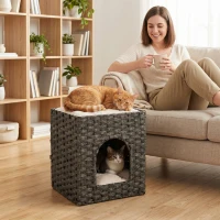 PawHut 2-Tier Wicker Cat House, Handwoven Rattan Cat Bed with Washable Cushions, Indoor Kitten Condo Hideaway(m-2)