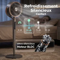 HOMCOM Ventilateur sur pied silencieux 20 dB, oscillation automatique 70°+90°, 12 vitesses, lumière LED et minuterie 12H(m-5)