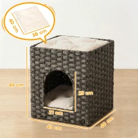 PawHut 2-Tier Wicker Cat House, Handwoven Rattan Cat Bed with Washable Cushions, Indoor Kitten Condo Hideaway(m-3)