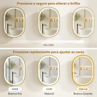 HOMCOM Armário de Casa de Banho com Espelho e Luzes LED de 3 Cores, Armário de Parede Oval com Memória e Função Antivapor, Dourado(m-5)