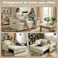 HOMCOM Canapé convertible 2 places 3 en 1, canapé-lit clic clac en chenille avec dossier réglable, porte-gobelets, beige(m-4)