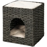 PawHut 2-Tier Wicker Cat House, Handwoven Rattan Cat Bed with Washable Cushions, Indoor Kitten Condo Hideaway(m-11)