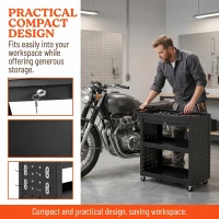 HOMCOM Tool Cart with Lockable Wheels, Rolling Workshop Cart with 3-Tier Trays, Drawer, Pegboards, Black(m-6)