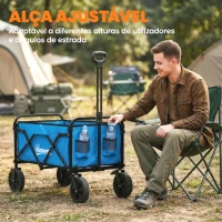 Outsunny Carrinho de Jardim Dobrável com Rodas Bloqueáveis Cabo Ajustável Porta-Copos Carga 80 kg para Camping 85x50x99 cm Azul(m-5)