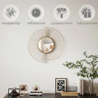 HOMCOM Decorațiune de Perete Oglindă Rotundă, Oglindă Modernă cu Benzi din Metal și Design Plisat, Artă Decorativă pentru Living, Dormitor și Intrare, 60x60 cm, Auriu(m-6)