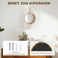 HOMCOM Decorațiune de Perete Oglindă Rotundă, Oglindă Modernă cu Benzi din Metal și Design Plisat, Artă Decorativă pentru Living, Dormitor și Intrare, 60x60 cm, Auriu(m-5)