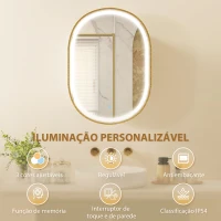 HOMCOM Armário de Casa de Banho com Espelho e Luzes LED de 3 Cores, Armário de Parede Oval com Memória e Função Antivapor, Dourado(m-4)