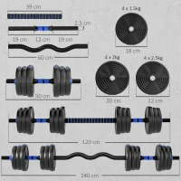 SPORTNOW Kit Gantere Fitness Gantere Reglabile 25 kg 3 în 1, Set de Greutăți Reglabil cu Bară de Extensie Albastru(m-3)