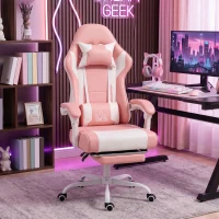 HOMCOM Cadeira Gaming Reclinável 155° com Suporte Lombar com Massagem Apoio de Cabeça e Apoio para os Pés 63x66x126-134 cm Rosa(m-9)