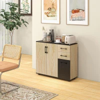 HOMCOM Meuble buffet de rangement cuisine 2 placards étagère réglable 2 tiroirs 90 x 30 x 75,5 cm naturel noir(m-10)