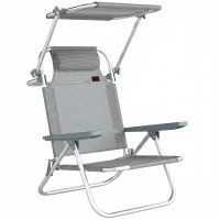 Outsunny Șezlong Reclinabil cu 6 Nivele, Copertină Reglabilă și Tetieră, din Aluminiu și Plasă, 62x68x79, Gri(m-11)