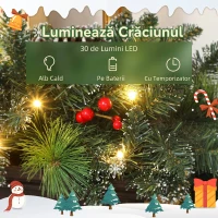 HOMCOM Ghirlandă de Crăciun 180 cm cu ramuri înzăpezite și 30 de lumini albe, conuri și bace pentru interior(m-5)