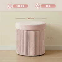 HOMCOM Puff de Arrumação Banco de Arrumação Dobrável 35 L 38x38x38 cm Estofado em Veludo Baú de Arrumação Redondo Rosa(m-3)
