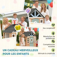 AIYAPLAY Cabane enfant extérieur en bois, maison enfant extérieure avec chatière, cuisine de jeu, porte et fenêtres, bois naturel(m-8)