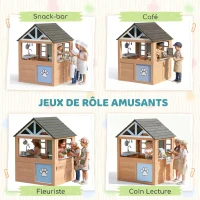AIYAPLAY Cabane enfant extérieur en bois, maison enfant extérieure avec chatière, cuisine de jeu, porte et fenêtres, bois naturel(m-6)