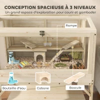 PawHut Cage hamster en bois, cage rongeur à 2 niveaux, étagère de rangement, couvercle ouvrant, 84 x 53 x 110 cm, bois naturel(m-4)