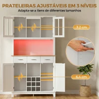 HOMCOM Alacena de Cozinha com Iluminação LED Controlada por APP Tampo para Micro-ondas Suporte para Garrafas Portas de Vidro Branco(m-7)