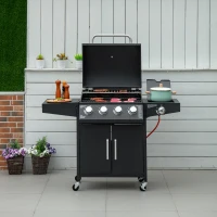 Outsunny Gasgrill BBQ mit 3 Brennern je 3 kw mobiler Grillwagen mit 4 Rädern Grillnetz Seitentischen Druckminderer Schläuche Schrank Multifunktion Metall Schwarz 132,4cm x 55cm x 109cm(m-2)