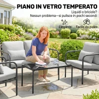 Outsunny Salotto da Giardino 4 Pezzi in Acciaio con Divano 2 Posti, 2 Poltrone e Tavolino, Grigio Chiaro(m-8)