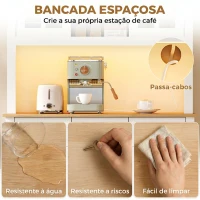 HOMCOM Alacena de Cozinha com Iluminação LED Controlada por APP Tampo para Micro-ondas Suporte para Garrafas Portas de Vidro Branco(m-8)