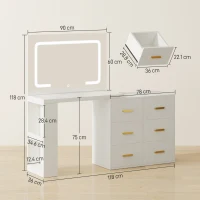 HOMCOM Toaletă pentru Cameră cu Oglindă și Lumini LED Reglabile, 6 Sertare, 2 Rafturi și Prize Electrice, Alb(m-3)