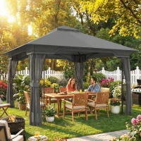 Outsunny 3.3 x 3.3 m Outdoor Garden Gazebo with Post Shelves, UPF50+ Patio Permanent Pavilion with Hook, Dark Grey(m-3)