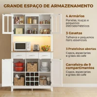 HOMCOM Alacena de Cozinha com Iluminação LED Controlada por APP Tampo para Micro-ondas Suporte para Garrafas Portas de Vidro Branco(m-6)