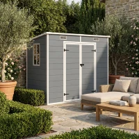 Outsunny Casetta da Giardino in Resina con Pavimento, 2 Porte con Blocco, Finestra, 2.4 x 1.3 m, Grigio(m-2)