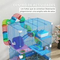 PawHut Jaula de Hámster con Túnel Plataformas Cuenco Bebedero Casita Rampas y Rueda de Ejercicio 46x30x58 cm Azul(m-4)