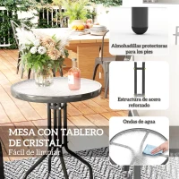 Outsunny Conjunto de Jardín de 3 Piezas con Mesa Redonda Encimera de Vidrio y Sillas Apilables para Exteriores Gris Claro(m-7)