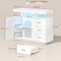 HOMCOM Bufet cu LED RGB în 7 culori Prize Porturi USB 3 Sertare Rafturi Deschise 2 Uși Alb Lucios 100x35x80 cm(m-3)