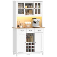 HOMCOM Alacena de Cozinha com Iluminação LED Controlada por APP Tampo para Micro-ondas Suporte para Garrafas Portas de Vidro Branco(m-11)