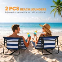 Outsunny Set of 2 Foldable Garden Beach Chair Mat, Outdoor Sun Lounger Seats with Adjustable Back, Magazine Pocket, Carry Strap(m-4)