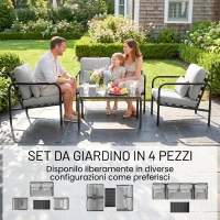 Outsunny Salotto da Giardino 4 Pezzi in Acciaio con Divano 2 Posti, 2 Poltrone e Tavolino, Grigio Chiaro(m-4)